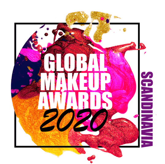The image displays a vibrant logo for the "Global Makeup Awards 2020 Scandinavia," featuring colorful splashes of pink, red, orange, and gold paint behind the text.