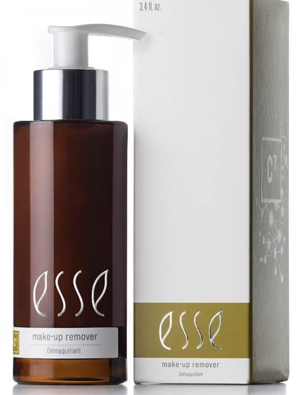 A brown pump bottle labeled "Esse Make-up Remover" stands next to its box with matching branding. The box is white with gold accents and has the same "Esse Make-up Remover" text on it. The bottle contains 3.4 fl oz of product.