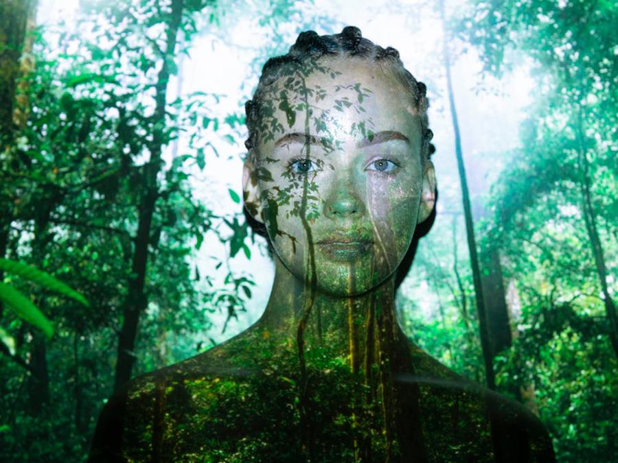 A woman's face with braided hair is superimposed onto a lush, green forest background. Her serene expression blends with the dense foliage, creating a harmonious connection between her and nature. Light filters through the trees, illuminating parts of her face.