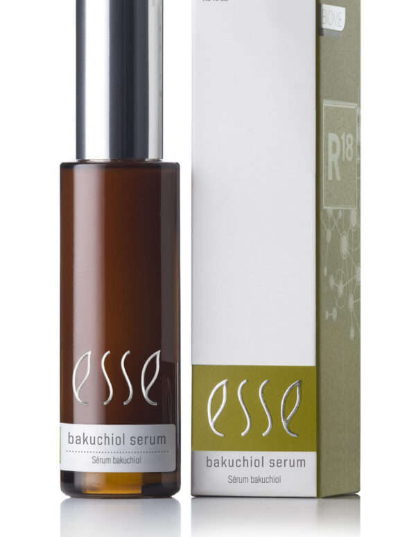Image of a brown glass bottle labeled "Esse Bakuchiol Serum" next to its corresponding box packaging. The bottle features a silver cap and the label in white text. The box, in shades of beige and green, displays the same branding and product details.