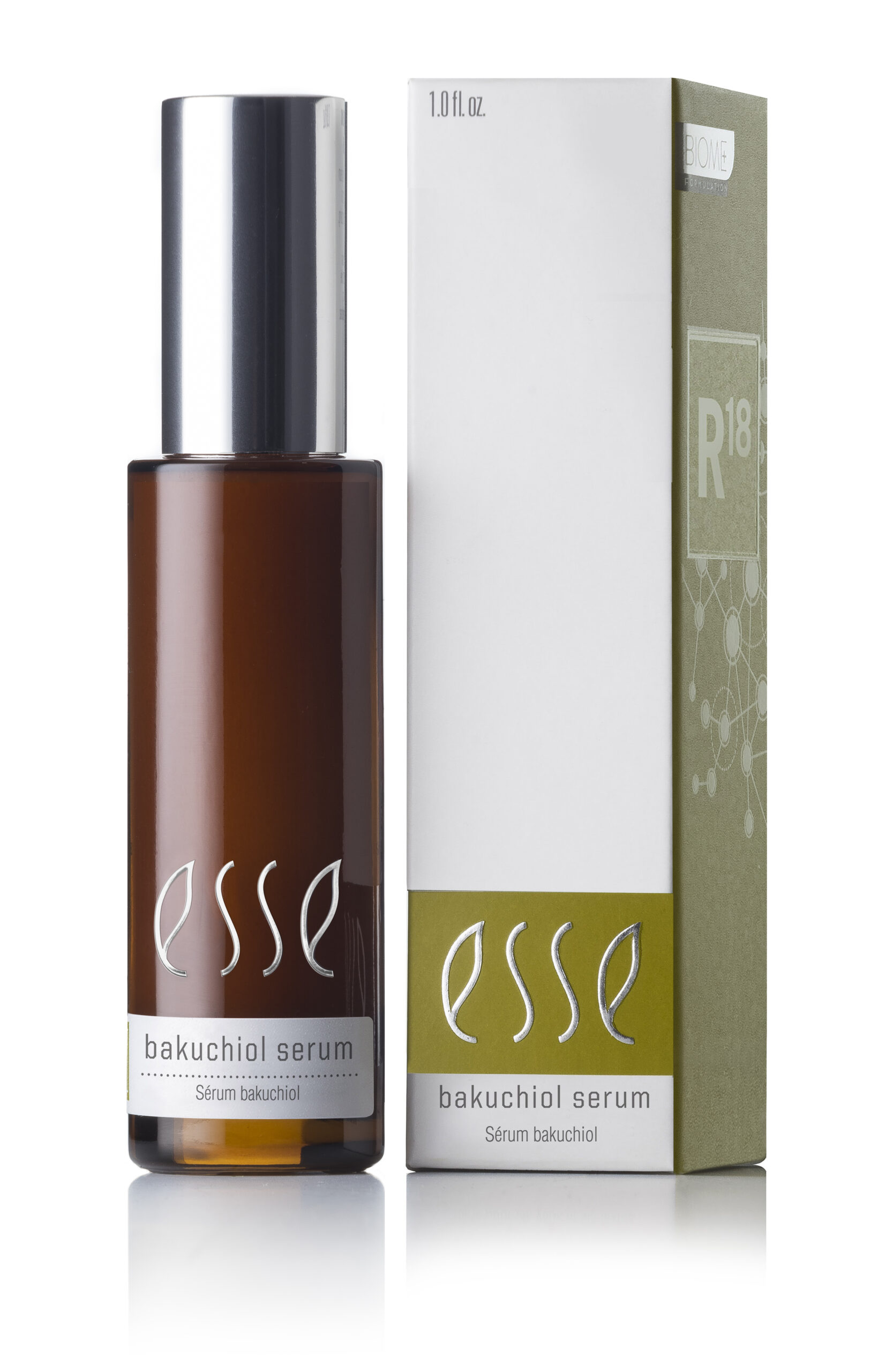 Image of a brown glass bottle labeled "Esse Bakuchiol Serum" next to its corresponding box packaging. The bottle features a silver cap and the label in white text. The box, in shades of beige and green, displays the same branding and product details.