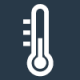 An icon of a thermometer with a round bulb at the bottom and a vertical tube extending upward. The thermometer is placed against a dark blue background and shows three lines to the left, indicating different temperature levels.