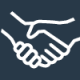 Black icon with two white outline hands shaking, symbolizing agreement or partnership, depicted against a dark blue background. The hands are shown in a simple, stylized manner without detailing, focusing on the act of handshake.