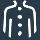 A white, stylized icon of a coat or jacket with buttons down the center, displayed against a dark background. The coat flares slightly at the bottom, and the design is simple and minimalistic.